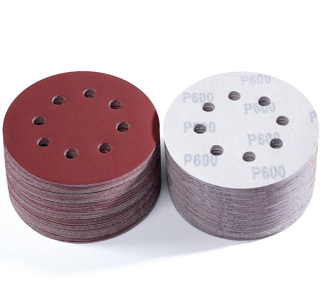 S SATC 150 PCS Sanding Disc 5 Inch 8 Hole Hook and Loop Sanding Discs for Random Orbital Sander 600 Grit