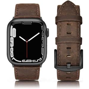 Leather Band Compatible with Apple Watch Bands 46mm 45mm 44mm 42mm (Series 1/2/3) Men Women, Vintage Genuine Leather Replacement Wristband for iWatch Series 10 9 8 7 6 5 4 3 2 1 SE Retro Walnut