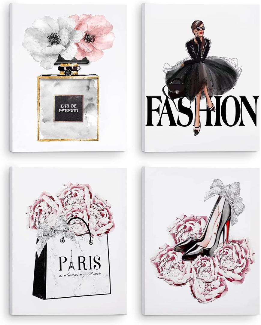 CoziTech Fashion Women Canvas Wall Art Framed, Modern Artwork for Girls Bedroom Wall Dcor Pink Flowers Perfume Art Print Handbag High Heel Wall Picture, Gift for woman, Gift for Girls. Set of 4.