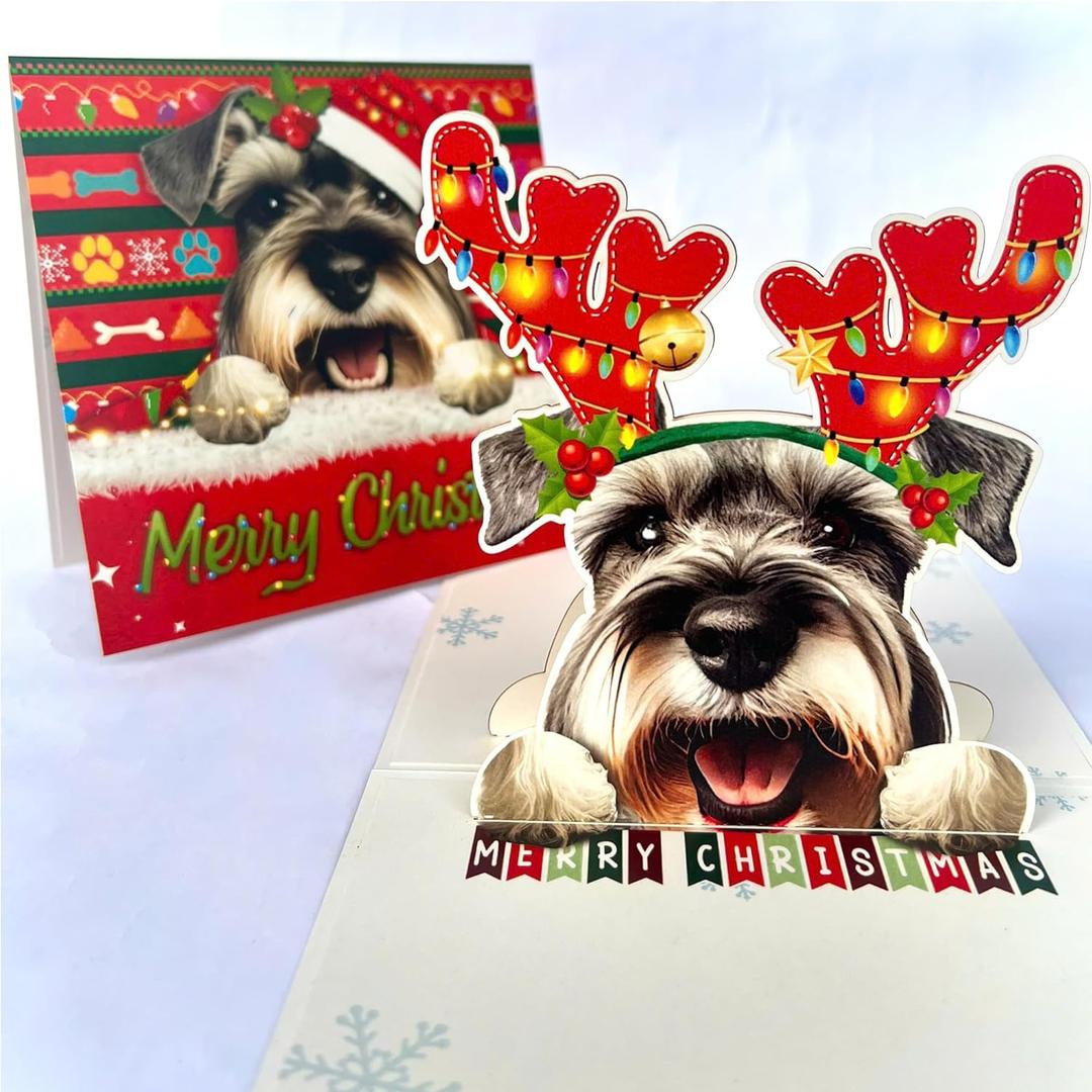 Schnauzer Christmas Pop Up Card  3D Holiday Greeting Card Featuring Adorable Schnauzer Dog with Festive Reindeer Antlers, Perfect for Dog Lovers, Unique Christmas Gift Card for Friends and Family