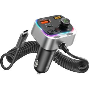Syncwire Bluetooth 5.4 FM Transmitter Car Adapter 66W PD & QC 3.0 Fast Charging with USB-C Cable Wireless Radio Adapter with Light Control, HiFi Bass, Hands-Free Calling and Strong Mics