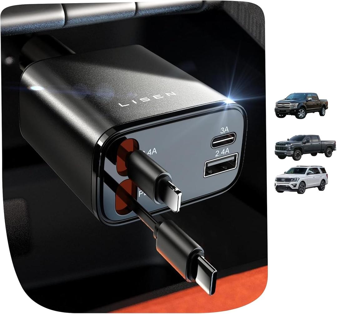 LISEN Retractable Car Charger, [2026 Upgrade 50 inch ] Long 4 in 1 Retractable Cable Car Charger, USB C Car Charger Fast Charging for iPhone 17 16 15 14 13 12 11 X Pro Max Plus Mini, Samsung S26 S25 (Grey)