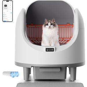 Bashaw Self Cleaning Litter Box, Large Capacity Automatic Litter Box for Multiple Cats, App Control, Safety Sensors, 2 Rolls of Garbage Bags (White)