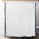 Embroidered Scalloped Cotton Shower Curtain Linen Textured with 12 Metal Hooks, 72 x 72 Inch Washable Waterproof Cloth Shower Curtains with Navy Blue Border for Bathroom Hotel Bathtub