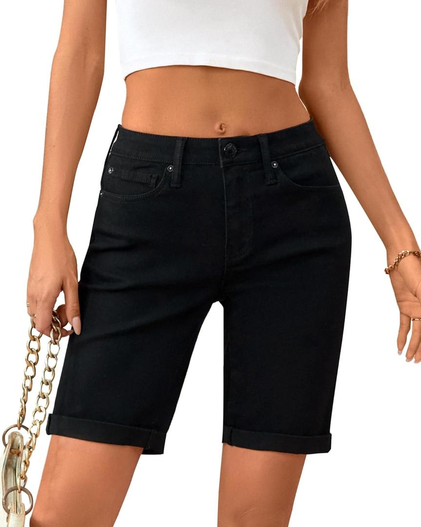 OFLUCK Shorts for Women Mid Rise Roll Cuff Bermuda Stretch Denim Jean Shorts (Black)