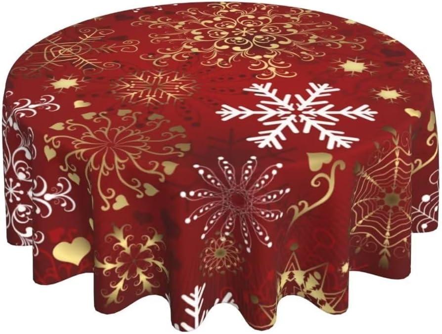 BETGINY Christmas Tablecloth 60 Inch Round Gold Love Heart Shape Red Snowflakes Tablecloths Fabric Farmhouse Xmas Winter Holiday Table Cloth Decorative for Picnic Party Home Indoor Outdoor