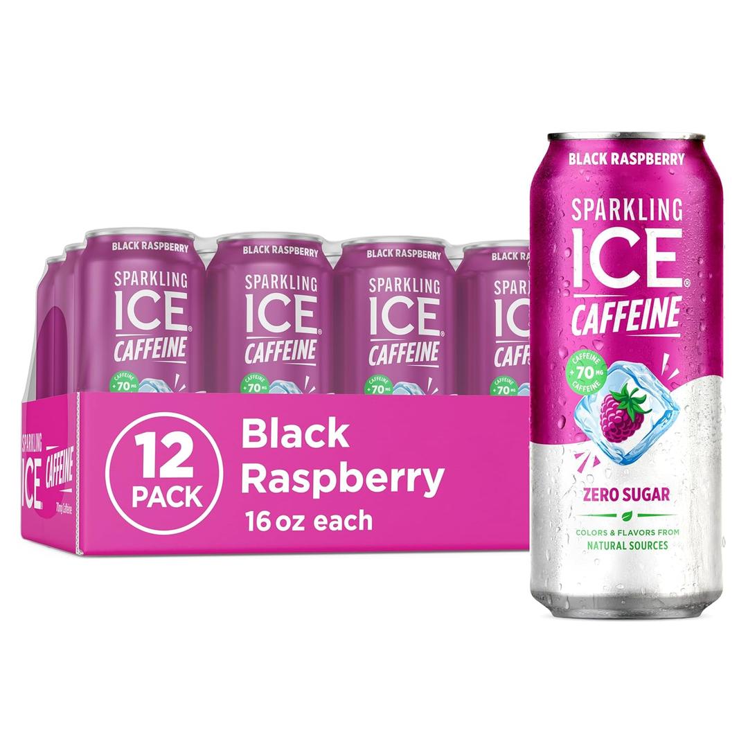 Sparkling Ice Caffeine Black Raspberry Sparkling Water with Caffeine, Zero Sugar, with Antioxidants and Vitamins,16 fl oz Cans (Pack Of 12) (EXP 12/14/26)