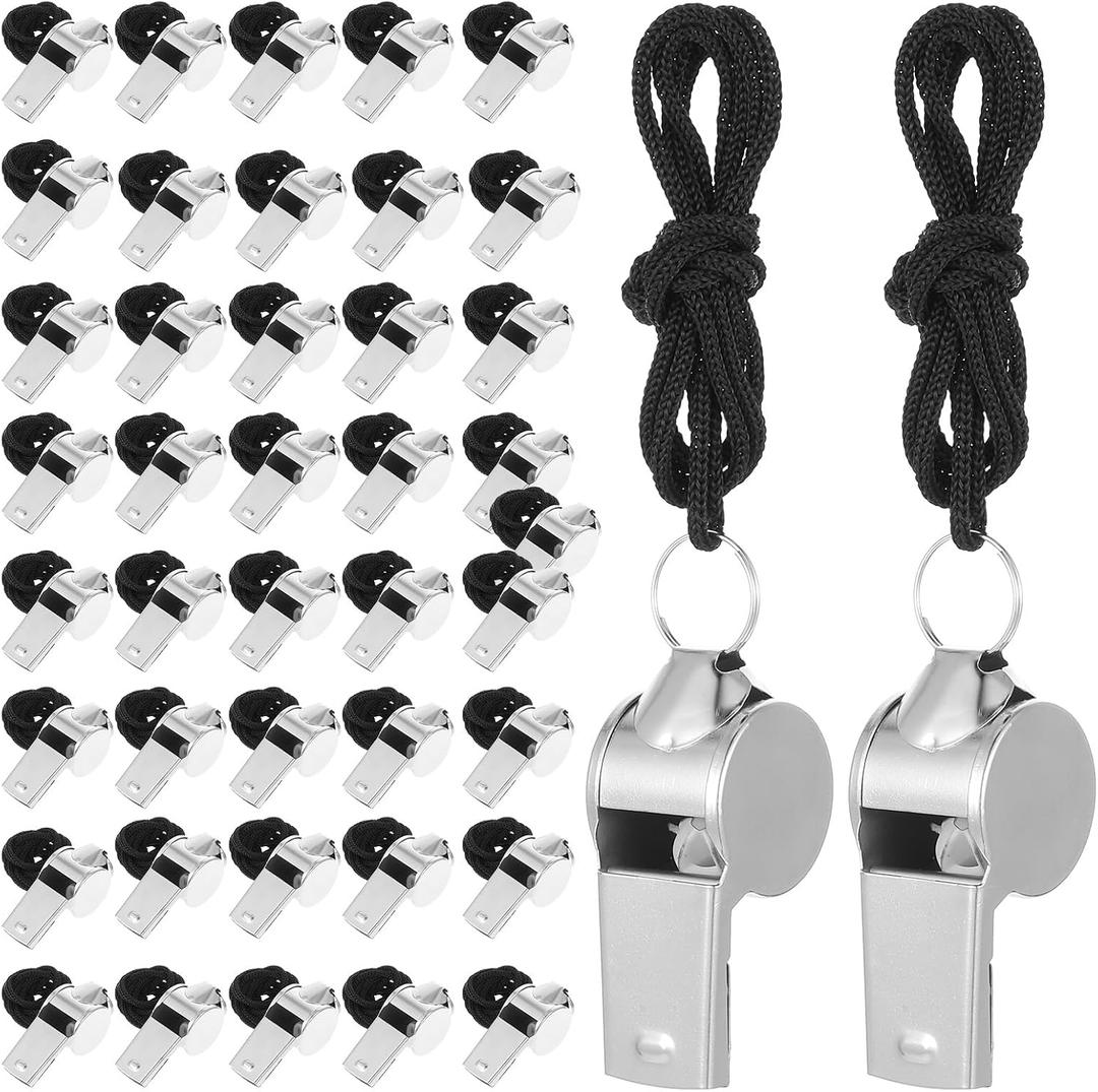 100 Pcs Stainless Steel Whistle with Lanyard, Sports Whistles for Adults, Loud Metal Whistle Bulk for Teachers, Coaches, Police, Referees