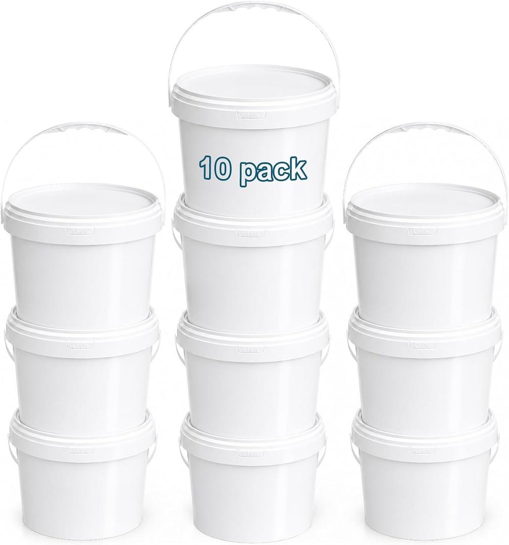 METAPACK 338 fl oz / 2.6 gal White Food Grade Plastic Buckets with Lids & Handles, Airtight Freezer Safe Small Storage Containers, Easy-Open Pails for Snacks, Sauce, Salad, Soup, Candy (10 Pack)