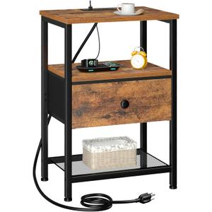 LOAKEKEL Night Stand with Charging Station, Small Bedside Table with Fabric Drawer, Nightstand with USB Ports & Outlets for Bedroom, Brown, HETS010BR-1, 15.74 inches x 11.81 inches x 23.8 inches