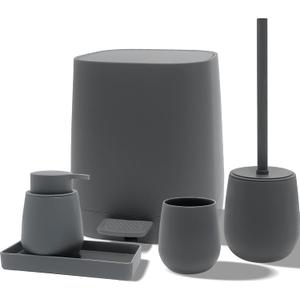 Modern Elegance Bathroom Accessories Set with Trash Can, Soap Dispensers,Toothbrush Cup,Toilet Brush,and Tray for Bathroom Decor (Grey, Bath Set)