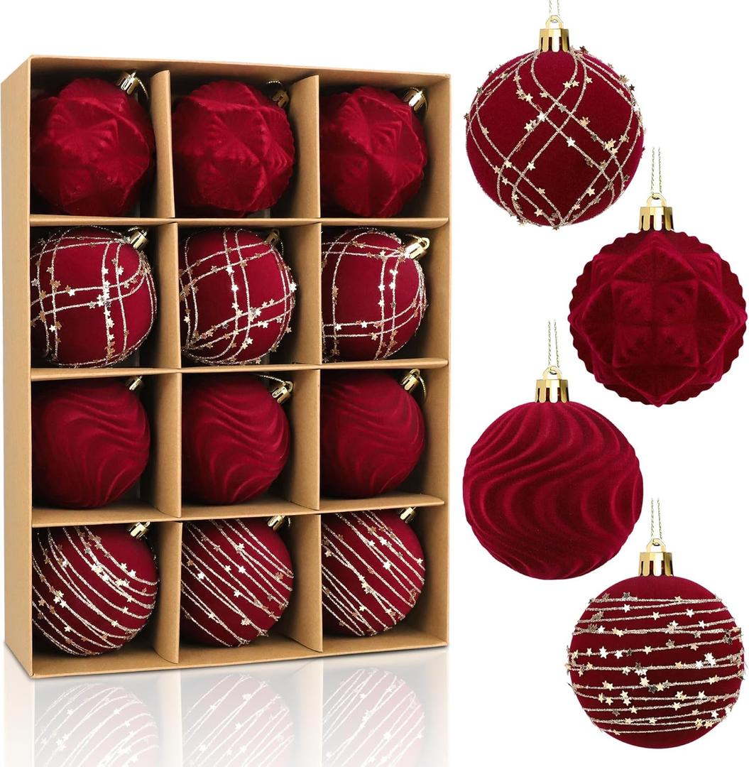 Tifeson 12pcs Velvet Christmas Balls Burgundy 3.15inch Flocked Shatterproof Hanging Ball Ornaments Christmas Tree Decorative Ornaments for Xmas Holiday Festival Party Decor