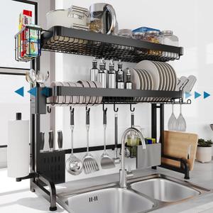 LIVOD Over The Sink Dish Drying Rack,3 Tier Adjustable Length Full Stainless Steel Large Storage Kitchen Dish Rack,for Kitchen Counter Expandable Multifunctional Organizers,Silver(25.5'' to 37.4''), 3 Tier Style B