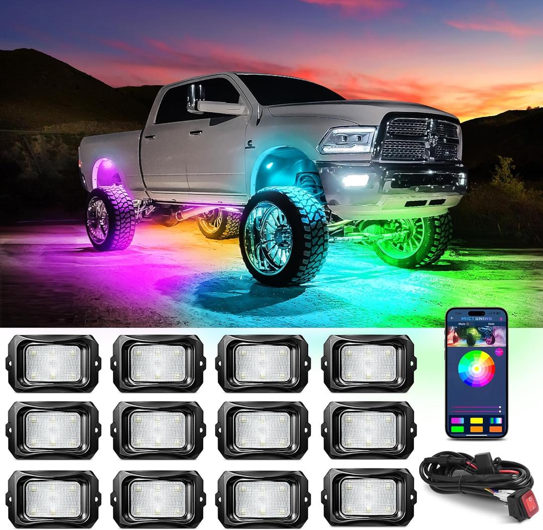 MICTUNING C2 Max RGB+IC Chasing Color LED Rock Lights - 12 Pods Underglow Lighting Kit, Dynamic Lighting Modes, Extensible Up to 24 Pods with Stable APP Control, IP68 Waterproof, DIY Effect