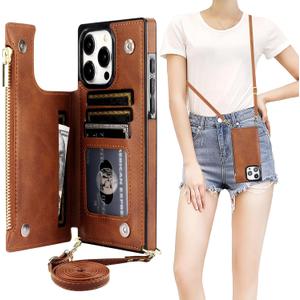 Bocasal Crossbody Wallet Case for iPhone 15 Pro Max with RFID Blocking Card Slot Holder, Magnetic Flip Folio Purse Case, PU Leather Zipper Handbag with Detachable Lanyard Strap 6.7 Inch 5G (Brown)