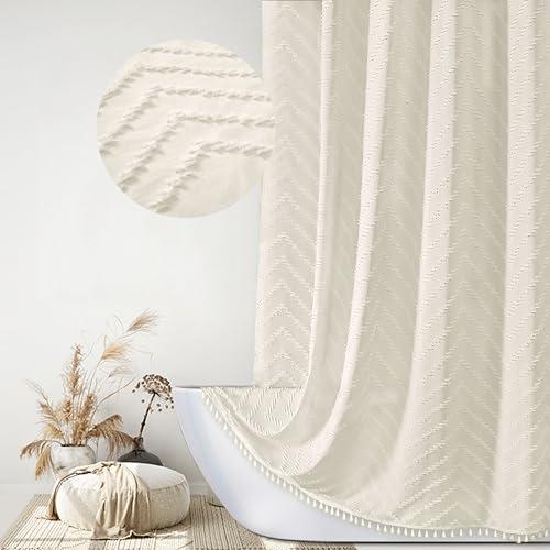Siiluminisoy Boho Farmhouse Shower Curtain Woven Fabric Cute Cream Shower Curtain, 72 x 72 Tufted Chevron Textured Striped Modern Farmhouse Minimalist Shower Curtain for Bathroom