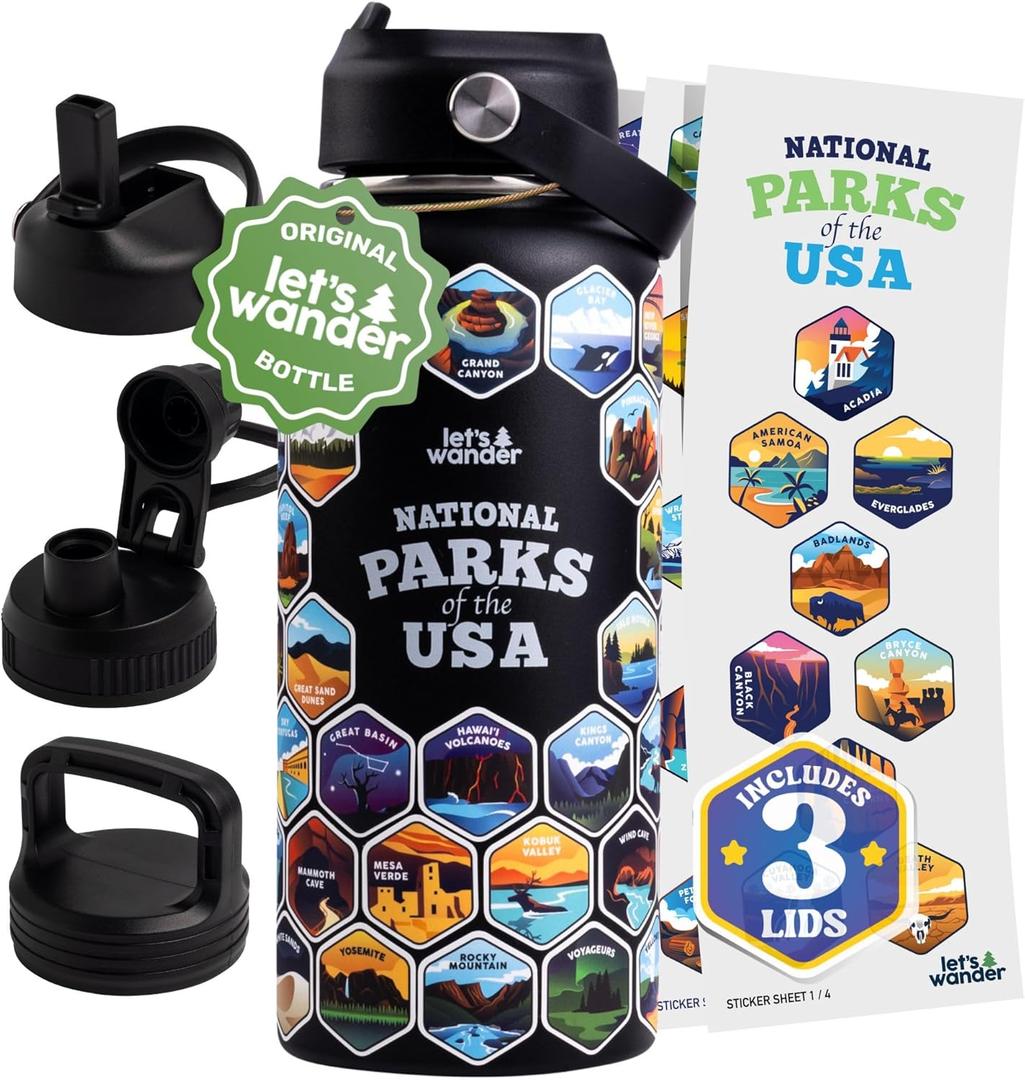 LET'S WANDER National Parks Water Bottle with 3 Lids & 63 Waterproof Stickers - 32oz Leakproof Insulated Stainless Steel with Straw - USA Hiker Gift Bottle (Black)