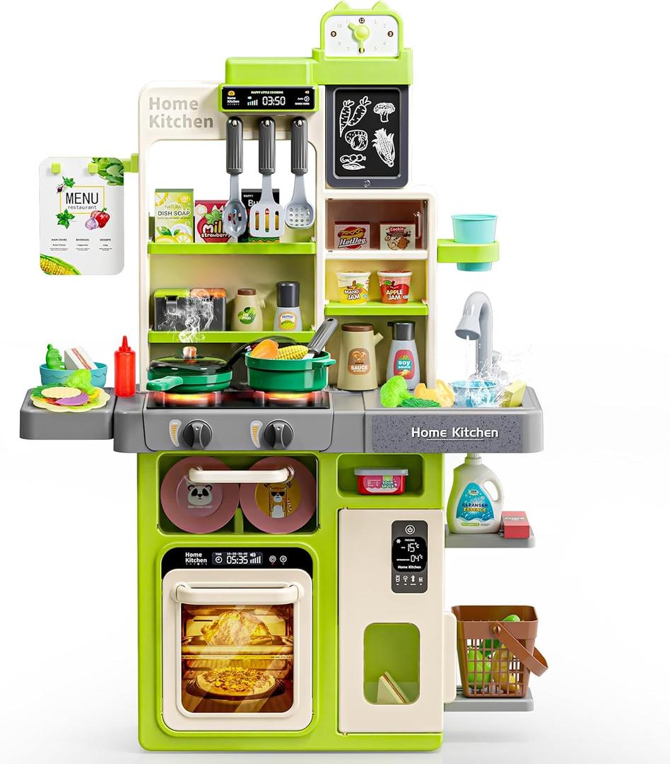 Kids Play Kitchen Set, Kitchen Toys with Realistic Sound & Light, Cooking Stove, Sink, Play Food and Kitchen Accessories, Kitchen Playset Gifts for Toddlers Girls Boys (Green)