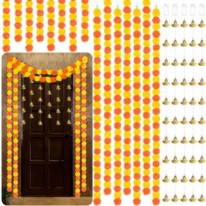 Yunsailing 20 Pcs Day of The Dead Decorations 5ft Marigold Garland and 6.56 ft Diwali String Lights Dia De Los Muertos 15 Artificial Marigold Flowers 5 Diya Lights for Mexican Indian Diwali Party