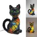 Cat Lamp Stained GlassVintage Artistic LED Warm Night Light, Handcrafted Resin Stained-Glass Animal Bedside Table Lamp with USB Power for Home Decor & Cute Holiday Present for Cat Lovers