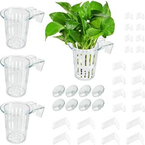 4 Pack Aquarium Plant Holder for Live Plants, Fish Tank Plant Holder with 24 Adjustable Hooks (3 Sizes) & 8 Aquarium Suction Cups, Plant Holder for Fish Tank for Pothos, Aquascape Decorations