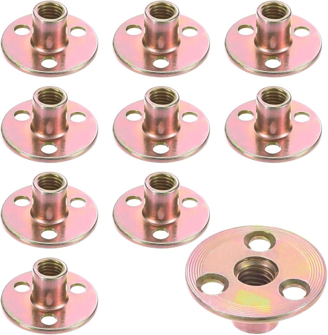 10-Pack M10x17mm T-Nuts Zinc Plated Carbon Steel Tee Nut 3-Hole Round Base Weld Nuts Through Hole Furniture Hardware Flange Insert Female Thread Gold