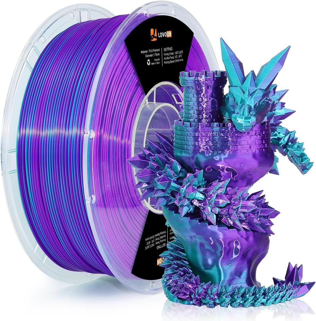 LOVOON 3D Printing Filament PLA Silk Multicolor PLA Filament 1.75mm DualColor Change by Angle Filament Fit Most 3D Printer& 3D Pen,Silk Teal/Dark Violet(Blue/Purple), 1KG(2.2lbs)/Spool