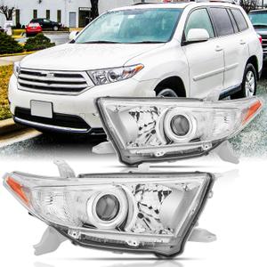 Headlights Assembly Pair for 2011 2012 2013 Toyota Highlander Projector Headlamps Head Lights Replacement Driver and Passenger Side,Chrome Housing Amber Reflector
