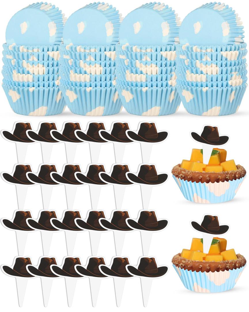 2 x Vesici 200 Counts Cartoon Style Cupcake Liners and 200 Counts Cowboy Hat Cupcake Toppers Baking Cups Cake Wrappers Greaseproof Muffin Liners for Baby Shower Birthday Theme Party Supplies