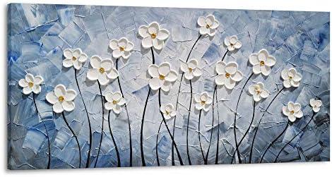 Amazon.com: YHSKY ARTS 3D Hand - Painted White Floral Wall Art with Printed Blue Background, Textured Flower Decor for Home: Paintings