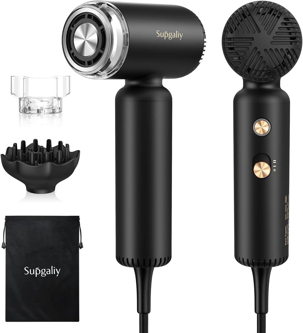 Dual Voltage Hair Dryer, High-Speed Ionic Blow Dryer for Fast Drying, Travel Compact Hair Blow Dryer with Magnetic Curly Diffuser for Home, Portable Hairdryer International 110-240V (Black)