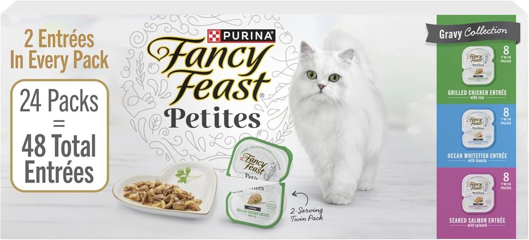 Purina Fancy Feast Gourmet Wet Cat Food Variety Pack, Petites Gravy Collection, break-apart tubs, 48 servings - (Pack of 24) 2.8 oz. Tubs BBD: June 2027