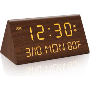 Kogonee Wooden Digital Alarm Clock, 0-100% Dimmer, 2 Alarm Settings, Weekday/Everyday Mode, 9 Mins Snooze, 12/24H, Temperature and Date Display for Office, Travel, Bedroom Alarm Clock (Brown)