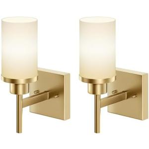AONEON Vanity Lighting Fixtures with White Frosted Glass Shade, Modern Gold Wall Lamps for Bathroom Mirror Bedroom Living Room Porch, 2 Pack T001GD-L1-P2