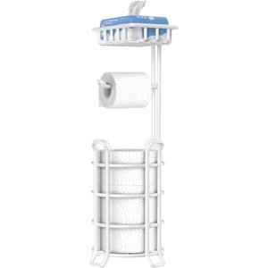 TomCare Toilet Paper Holder Stand with Shelf 4 Raised Feet Upgraded Free Standing Toilet Paper Roll Storage with Tissue Paper Dispenser Metal Bathroom Storage Organization (White)