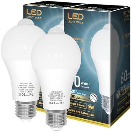 ORALUCE Motion Sensor Light Bulbs Indoor Outdoor 60 watt Equivalent, A19 E26 9W Motion Activated LED Bulb 3000K Warm White, Motion Sensor Light for Garage, Closet, Porch, Stairs, 2 Pack
