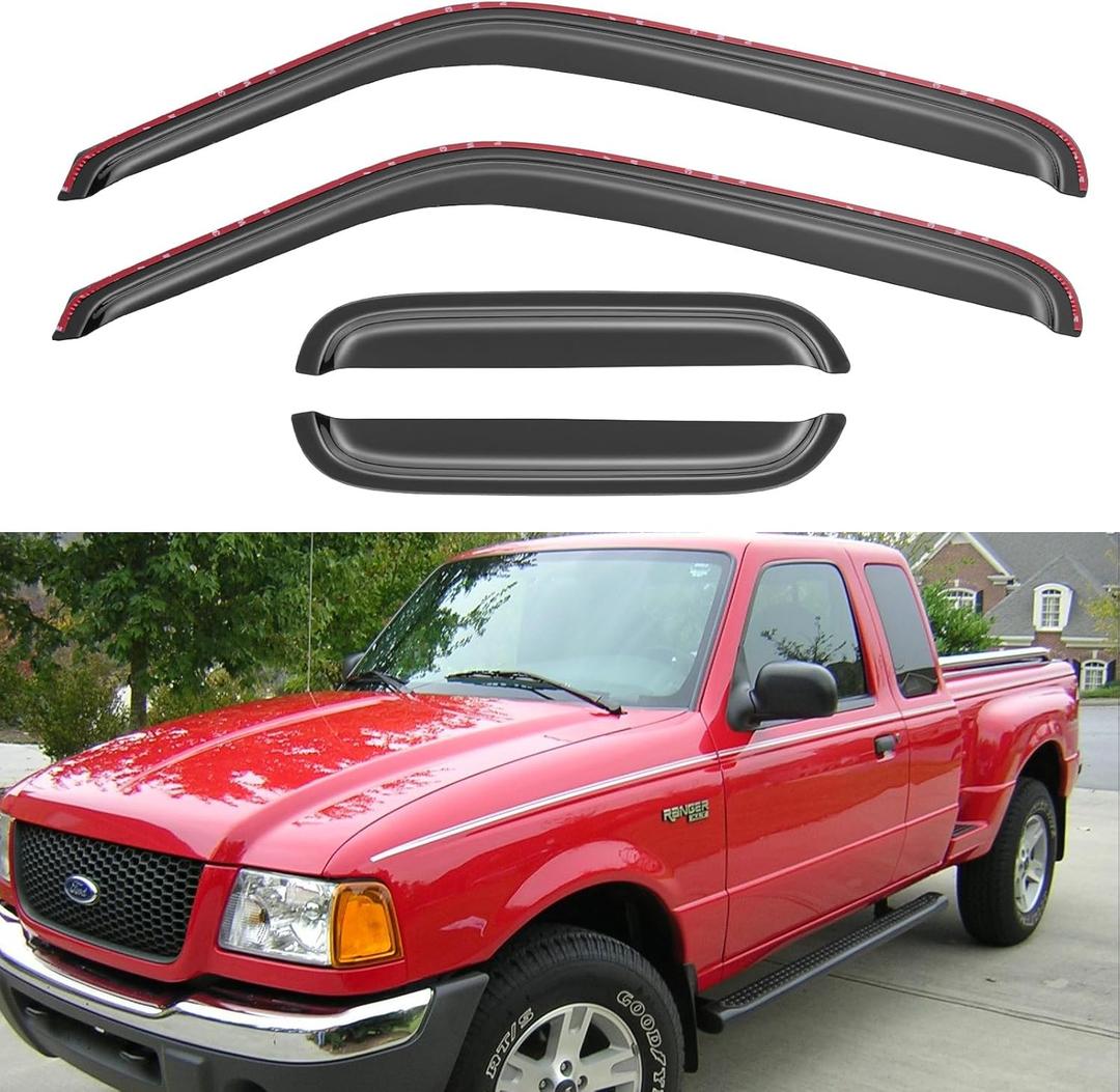 in-Channel Window Visors Rain Guards Shield for 1999-2011 Ford Ranger SuperCab, Window Vent Wind Deflectors Visors Shades for 1999-2008 Mazda B3000, 1999-2010 Mazda B4000 Extended Cab