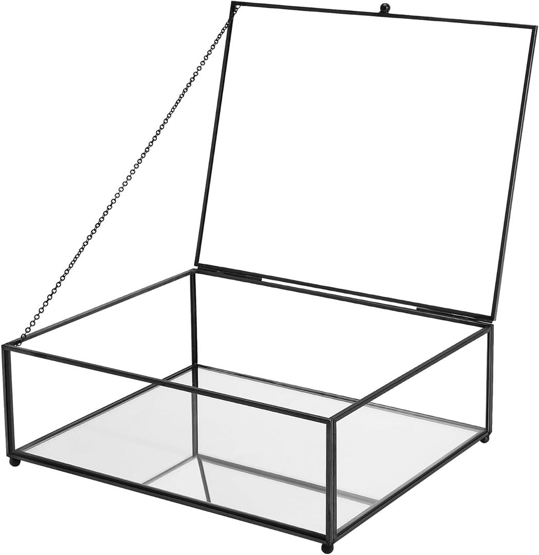 Large Glass Boxes for Display Handmade, Mirrored Bottom, Glass Jewelry Trinket Box with Lid, for Book Photo Keepsake Organizer Display Case for Vanity Decor Home, 10.4"L x 8.5"W x 3.7"H, Black