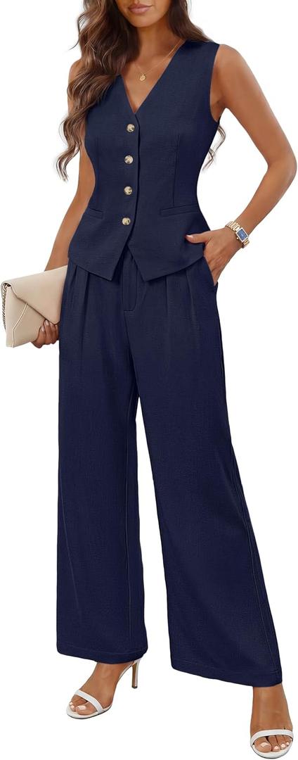 MEROKEETY Women's 2 Piece Outfits Summer 2026 Sleeveless Suit Vest Wide Leg Pants Business Work Casual Blazer Sets (Blue, XL)