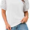 Spring Women's Dressy Tops Casual Trendy Eyelet Blouses Puff Sleeve Loose Fitting T Shirts Crewneck Work Blouse Ivory 2XL (White, XXL)