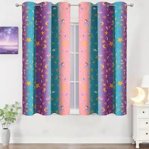 Estelar Textiler Pink Purple Teal Stars Moon Theme Blackout Curtains 45 Inch Long for Kids Bedroom, Tri-Color Unicorn & Rainbow Pattern Thermal Insulated Grommet Drapes for Kitchen, 2 Panels, 38Wx45L