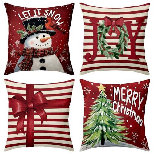 BBOLDIN Xmas Throw Pillow Covers 18x18 Couch Cushion Covers, Holiday Christmas Tree Snowman Decorations for Bedroom Home, Red Striped Farmhouse Pillow Cases Winter Decor Set of 4