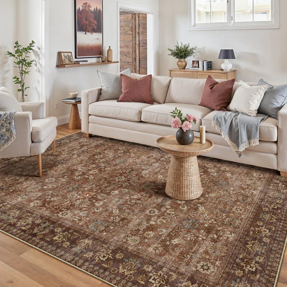 HUGEAR 5x7 Machine Washable Rugs Brick Red Hallway Area Rug Indoor Accent Rug Floral Low Pile Carpet Soft Throw Aesthetic Rug Bedroom Living Room Office Dining Room Kitchen Laundry Room Non Slip