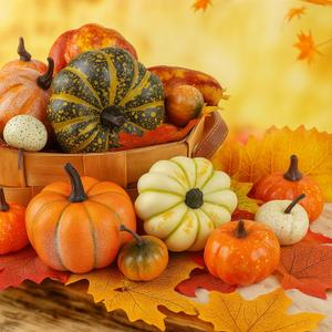 HAKACC 14 PCS Artificial Mixed Pumpkins for Decorating, Fake Pumpkins with 30PCS Fake Maple Leaves Thanksgiving Fall Harvest Decorations for Home, Fall Table Decor