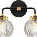 2 Light Bathroom Vanity Light Clear Glass Globe Wall Sconce Lights Black Wall Mount Light with Ribbed Glass Shade, Mid Century Modern Wall Sconce for Over Mirror Bedroom Hallway