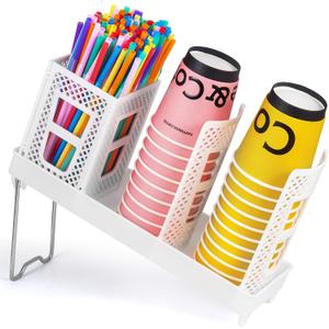 Cup and Lid Holder, Disposable Paper Cup Dispenser with Coffee Pod Straw Storage Basket, Countertop Coffee Cup Holder for Coffee Stations, Bars, Break Rooms, Living Rooms, Parties (White)