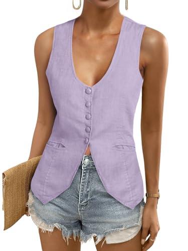 Tankaneo Womens Scoop Neck Blazer Vest Summer Linen Sleeveless Fitted Waistcoat Work Casual Cotton Suit Tops S