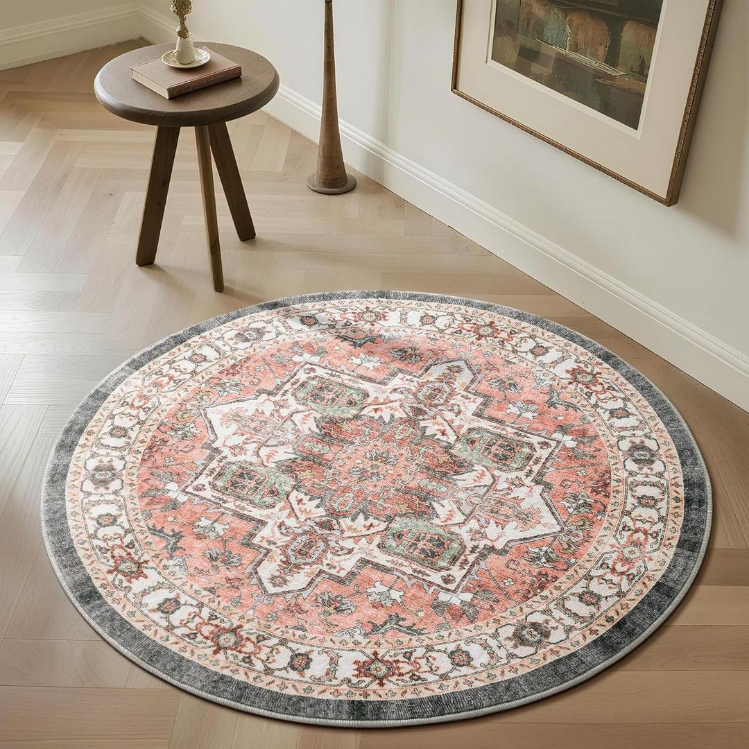 Carvapet Round Rugs, 36 inch/91 cm Vintage Circle Rug, Washable Non Slip Rubber Backing Foldable Low Pile for Living Room Bedroom, 3 ft Dark Pink Rug
