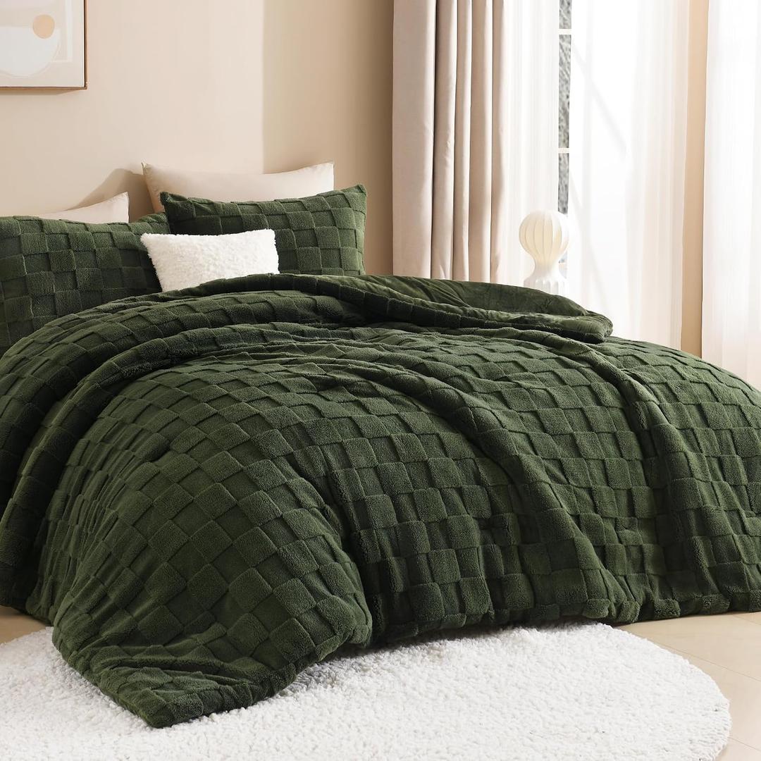 Litanika Fluffy King Comforter Olive Green, 3Pcs Warm Sherpa Fleece Bedding