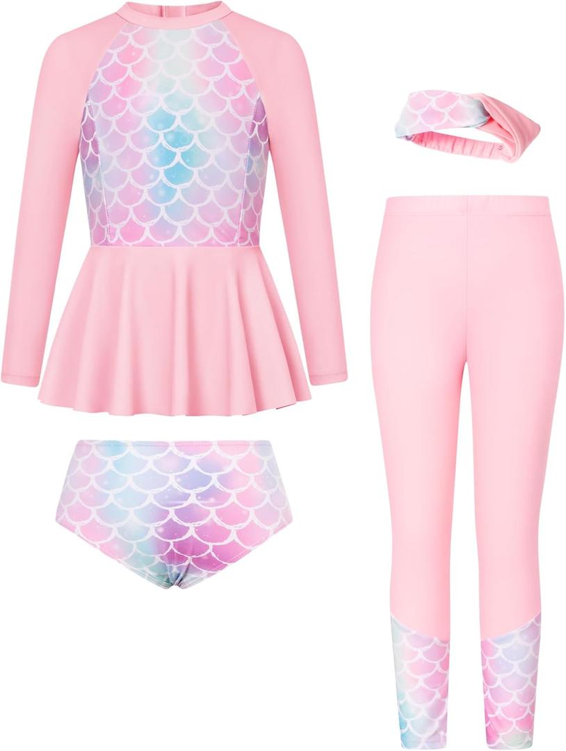 GRACE KARIN Girls Long Sleeve Bathing Suit Size 6 Girls Swimsuit for Kids Rash Guard 5-6 Years, Pink-mermaid